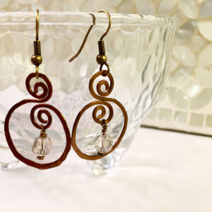 Hammered brass swirl earrings with Swarovski crystals