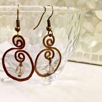 Hammered brass swirl earrings with Swarovski crystals