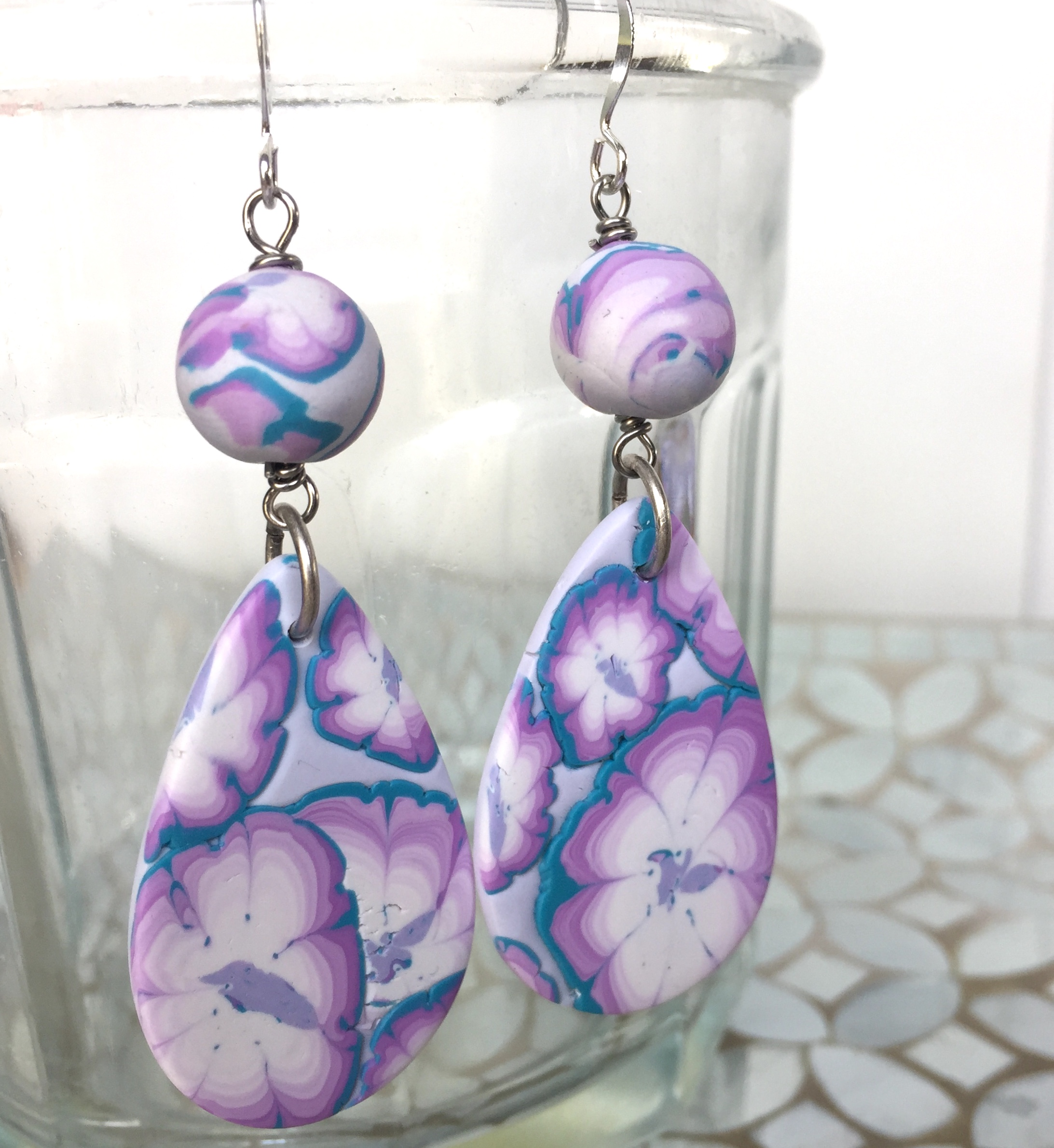 White and lavender zinnia earrings