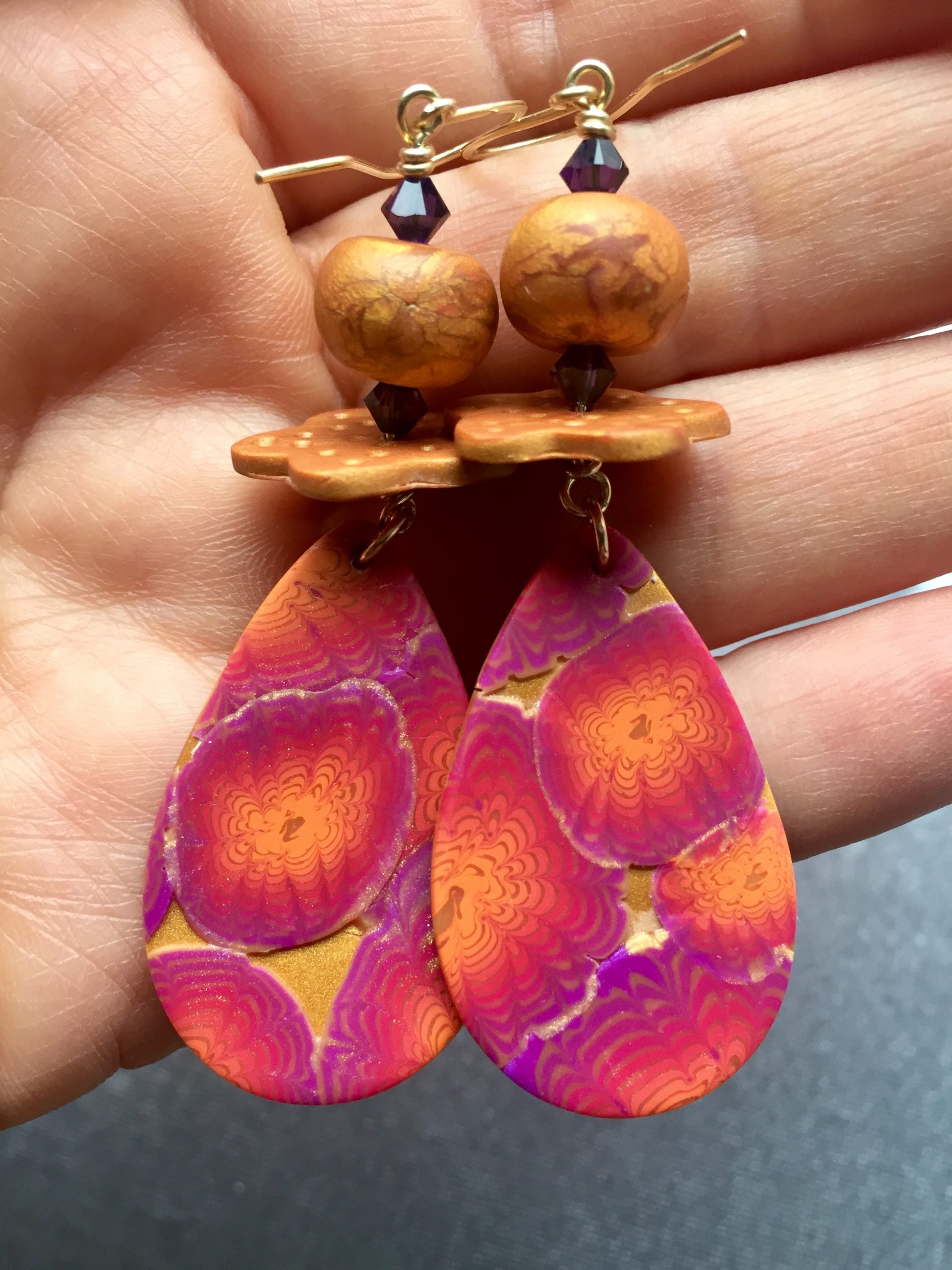 Exotic gold and magenta zinnia earrings