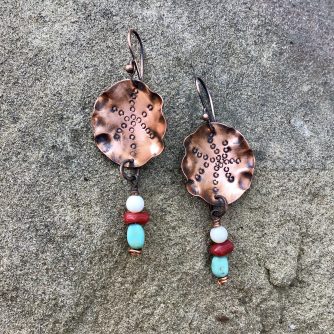 Fluted copper disc earrings-turquoise/coral/opal