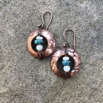 Hammered copper disc earrings-turquoise/opal