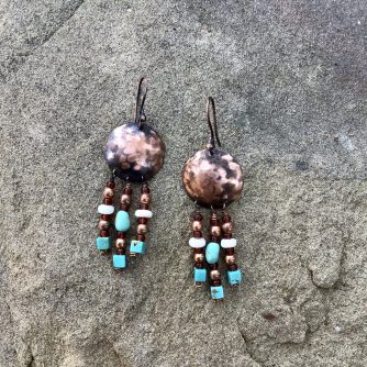 Hammered copper disc earrings-turquoise/coral/opal