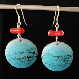 Torch fired copper enamel, vintage coral, sterling silver earrings